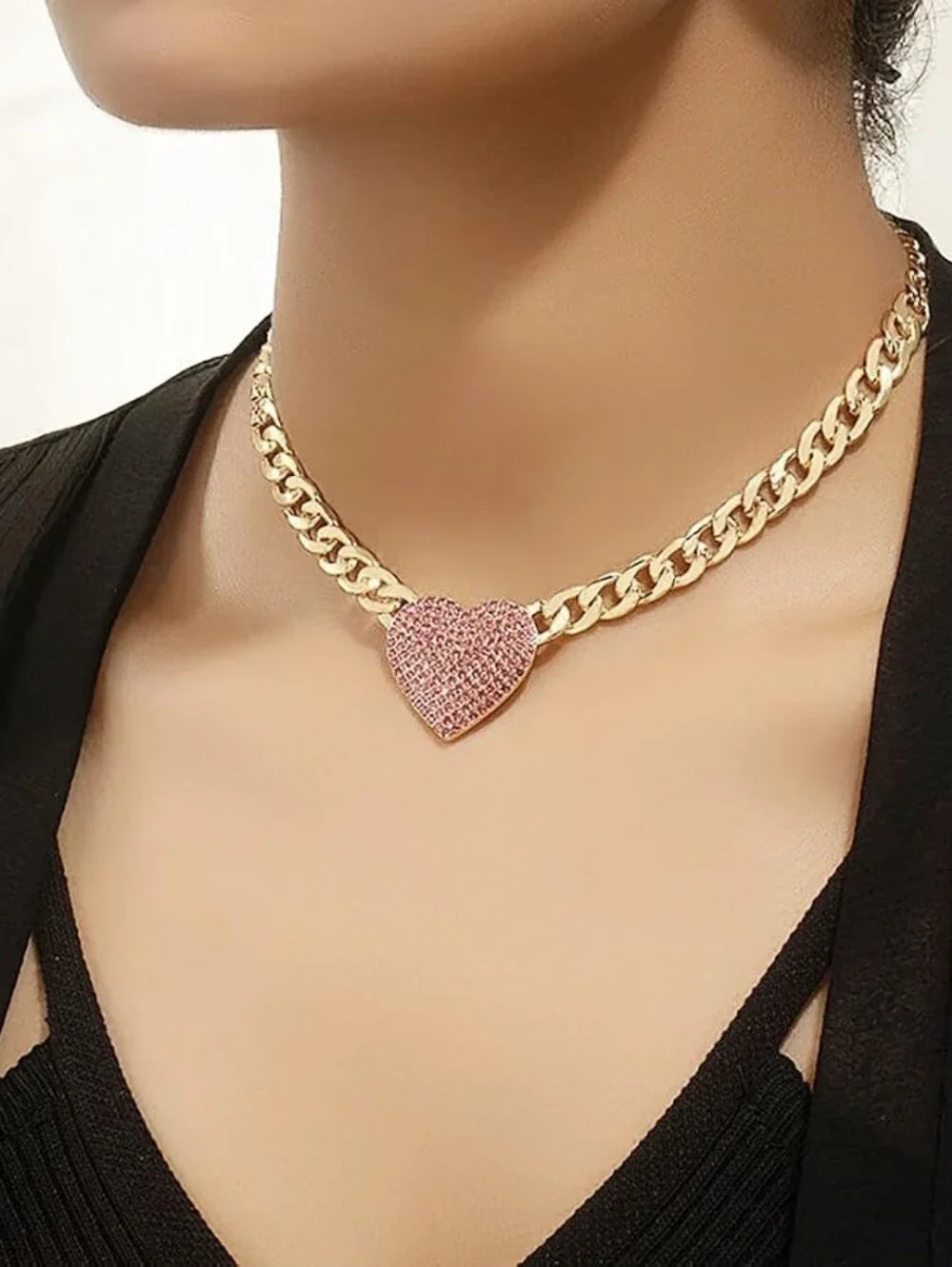 Rhinestone Heart Necklace Choker Cuban Link Chunk Statement